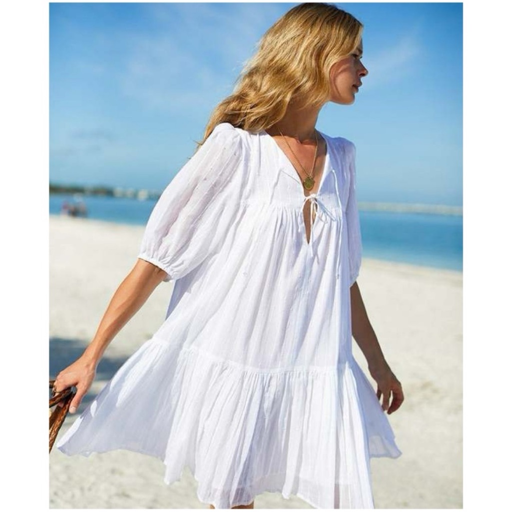 Emerson Fry India Collection Isla Dress White Organic Cotton Ruffled Size M/L